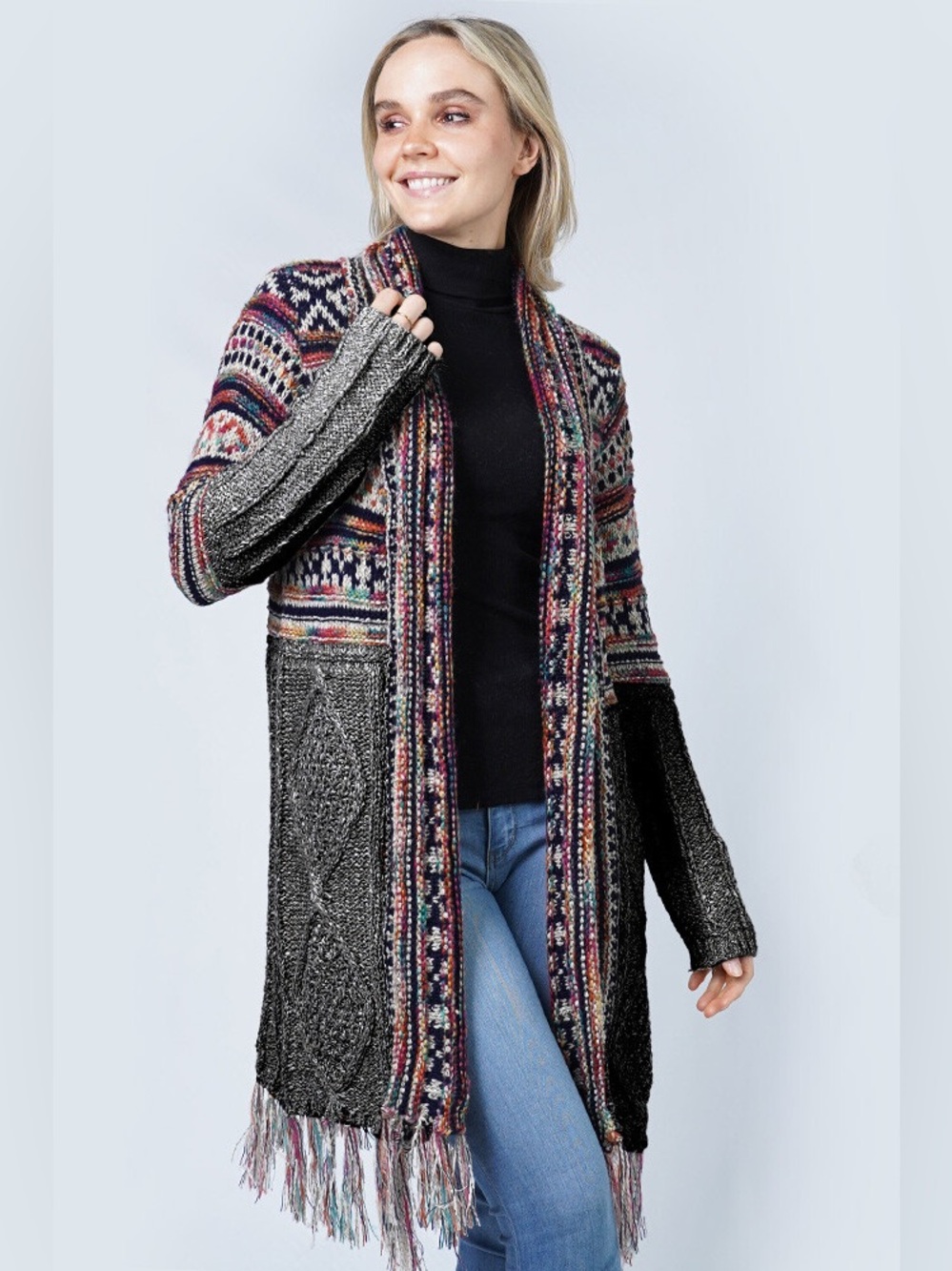 Multicolor Patterned Open-Front Fringe Cardigan Sweater - Women's